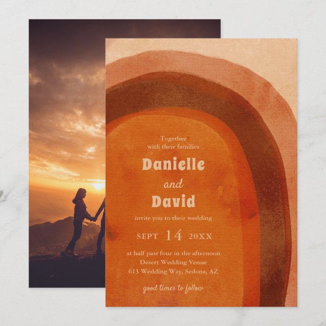 Rustic Burnt Orange Arch Photo Modern Wedding Invitation (Front/Back)