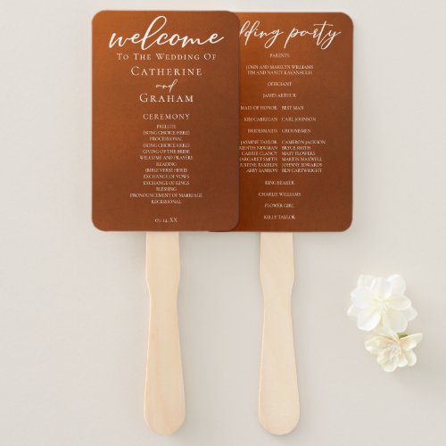 Rustic Burnt Orange Autumn Boho Wedding Program Hand Fan