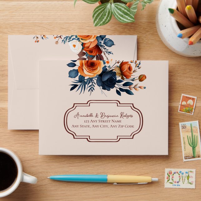 Rustic Burnt Orange + Blue Floral Wedding Envelope (Desk)