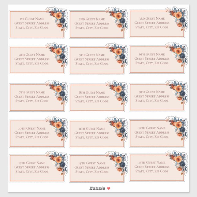 Rustic Burnt Orange & Blue Floral Wedding Guest  Sticker (Sheet)