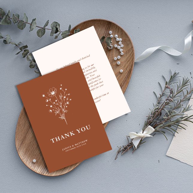 Rustic Burnt Orange Boho Botanicals Fall Wedding Thank You Card (Creator Uploaded)