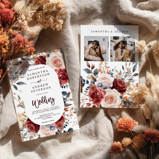 Rustic Burnt Orange Boho Floral Photo Wedding Invitation (Rustic Burnt Orange Boho Floral Photo Wedding Invitation)