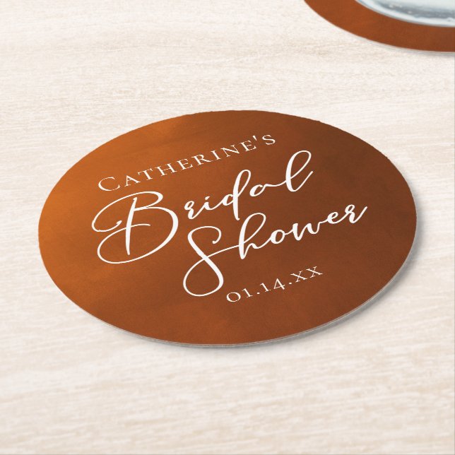Rustic Burnt Orange Bridal Shower Personalized Round Paper Coaster (Angled)