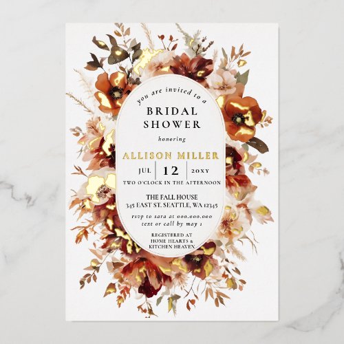 Rustic Burnt Orange Burgundy Fall Bridal Shower Foil Invitation
