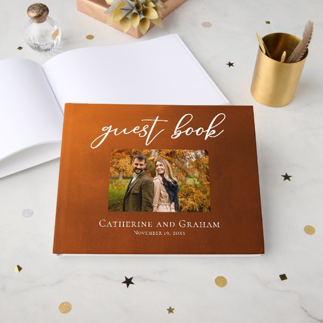 Rustic Burnt Orange Couple Photo Autumn Wedding Guest Book (Front Open)