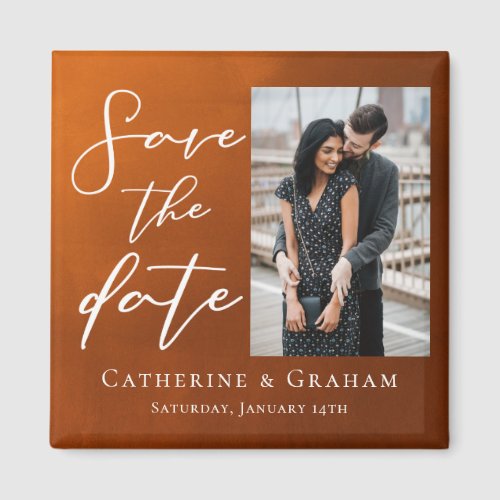 Rustic Burnt Orange Couple Photo Save the Date Magnet