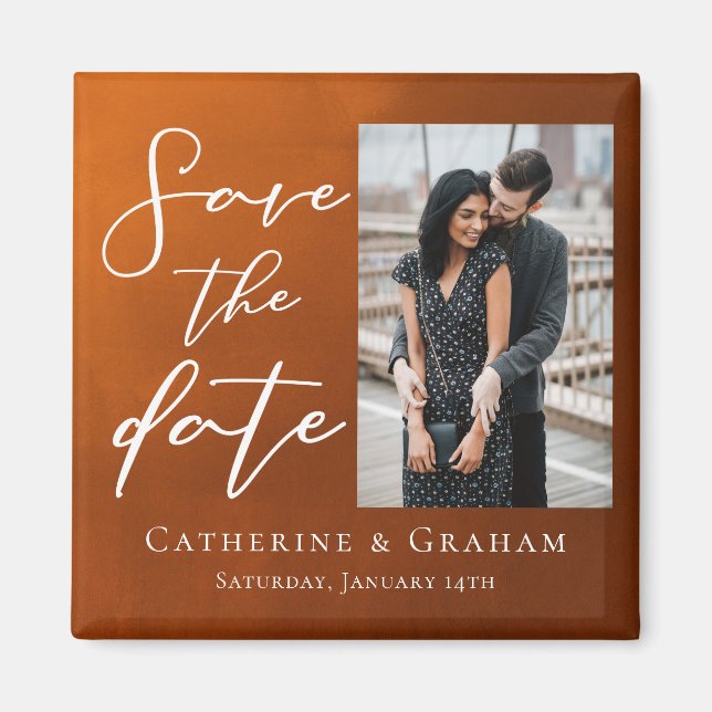 Rustic Burnt Orange Couple Photo Save the Date Magnet (Front)