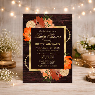 Rustic Burnt Orange Fall Flowers Baby Shower Invitation