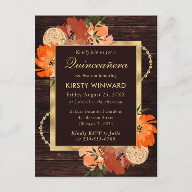 Rustic Burnt Orange Fall Flowers Quinceanera Postcard (Front)