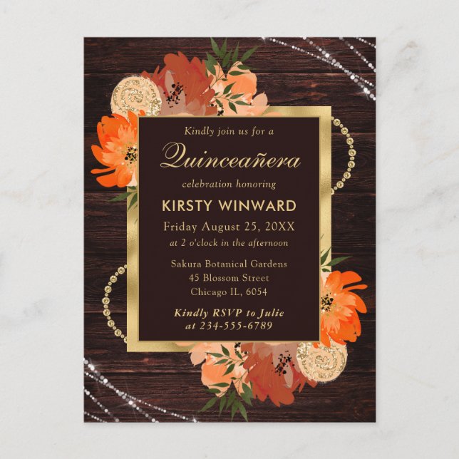 Rustic Burnt Orange Fall Flowers Quinceanera Postcard (Front)