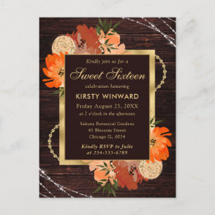 Rustic Burnt Orange Fall Flowers Sweet Sixteen Postcard