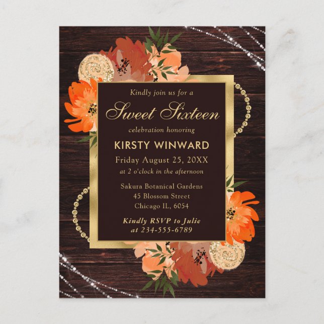 Rustic Burnt Orange Fall Flowers Sweet Sixteen Postcard (Front)