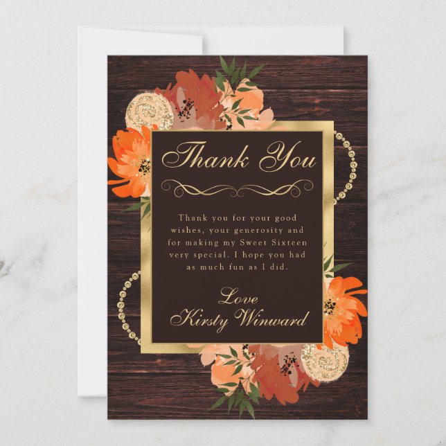 Rustic Burnt Orange Fall Flowers Sweet SIxteen Thank You Card (Front)