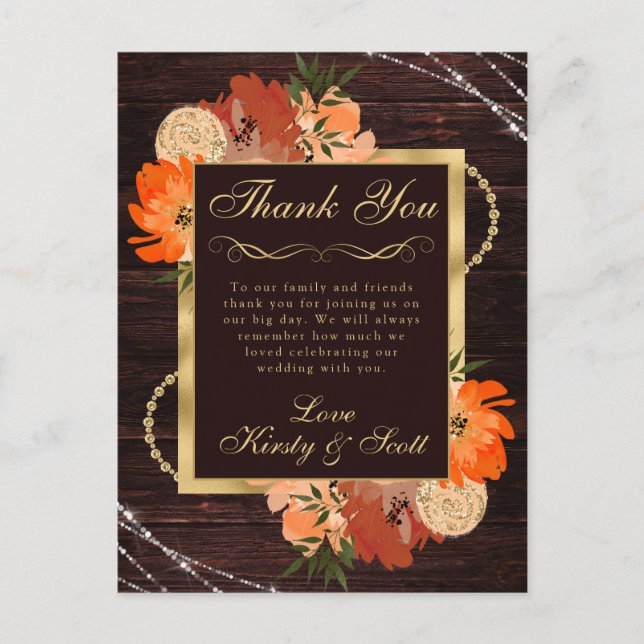 Rustic Burnt Orange Fall Flowers Wedding Postcard (Front)