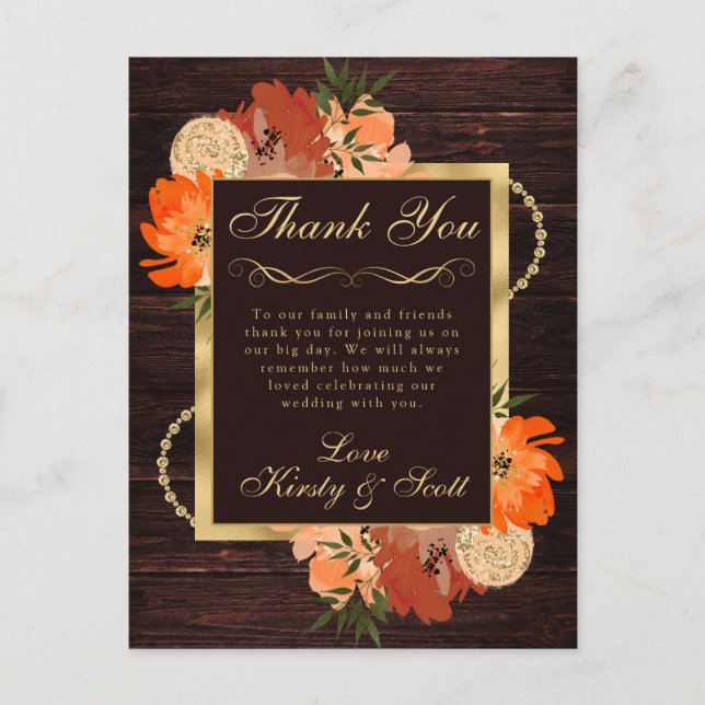 Rustic Burnt Orange Fall Flowers Wedding Postcard (Front)