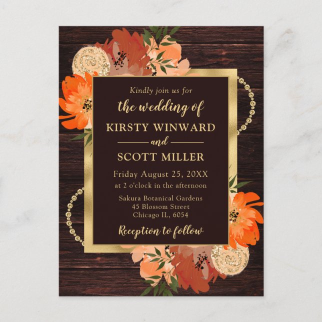 Rustic Burnt Orange Fall Flowers Wedding Postcard (Front)
