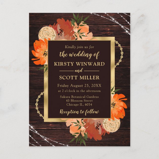 Rustic Burnt Orange Fall Flowers Wedding Postcard (Front)