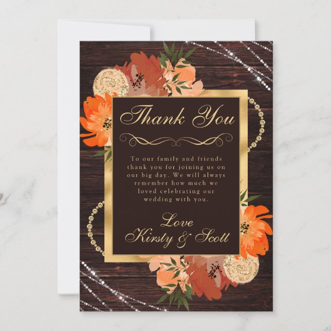 Rustic Burnt Orange Fall Flowers Wedding Thank You Card (Front)