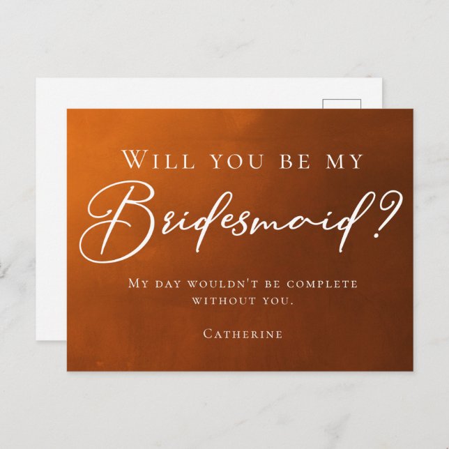 Rustic Burnt Orange Fall Will You Be My Bridesmaid Postcard (Front/Back)