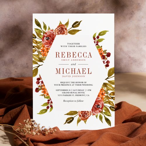 Rustic Burnt Orange Floral Autumn Fall Wedding Invitation