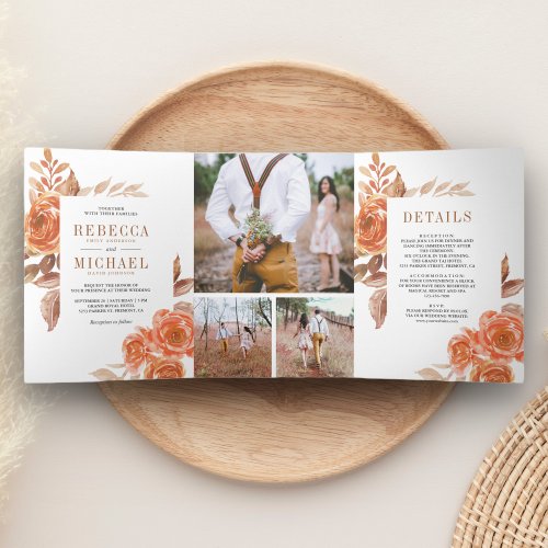 Rustic Burnt Orange Floral Photo Collage Wedding Tri_Fold Invitation