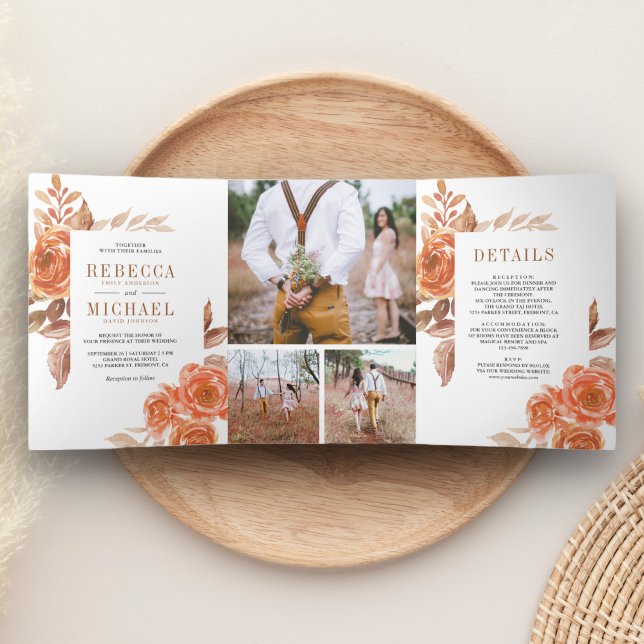 Rustic Burnt Orange Floral Photo Collage Wedding Tri-Fold Invitation (Creator Uploaded)