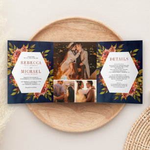 Rustic Burnt Orange Floral Photo Navy Blue Wedding Tri-Fold Invitation