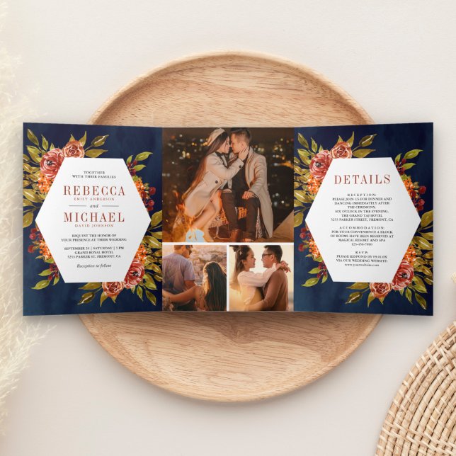 Rustic Burnt Orange Floral Photo Navy Blue Wedding Tri-Fold Invitation (Creator Uploaded)
