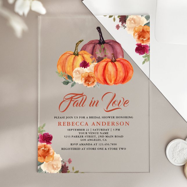 Rustic Burnt Orange Floral Pumpkin Bridal Shower Acrylic Invitations (Creator Uploaded)
