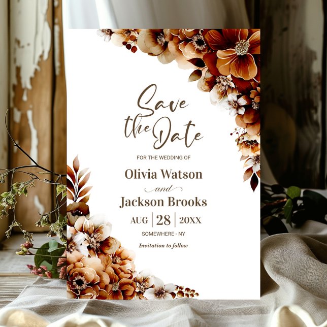 Rustic Burnt Orange Floral Wedding Save the Date Invitation (Creator Uploaded)