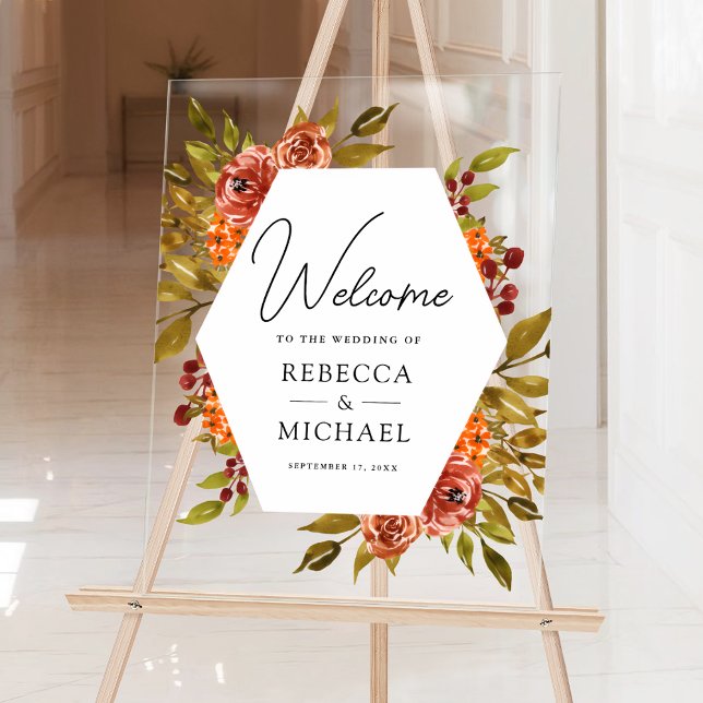 Rustic Burnt Orange Floral Wedding Welcome Acrylic Sign (Creator Uploaded)