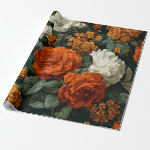 Rustic Burnt Orange Green Botanical Floral Bold Wrapping Paper