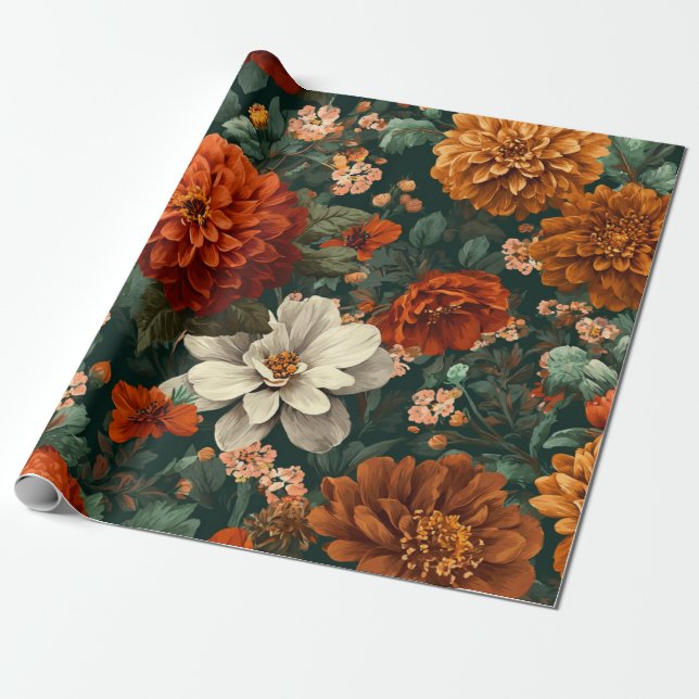 Rustic Burnt Orange Green Botanical Floral Bold Wrapping Paper (Unrolled)