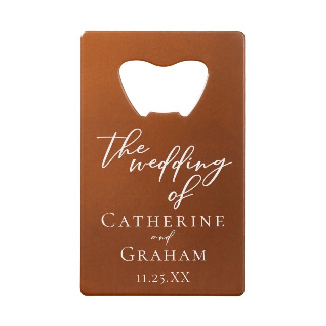 Rustic Burnt Orange Personalized Autumn Wedding Credit Card Bottle Opener (Front)