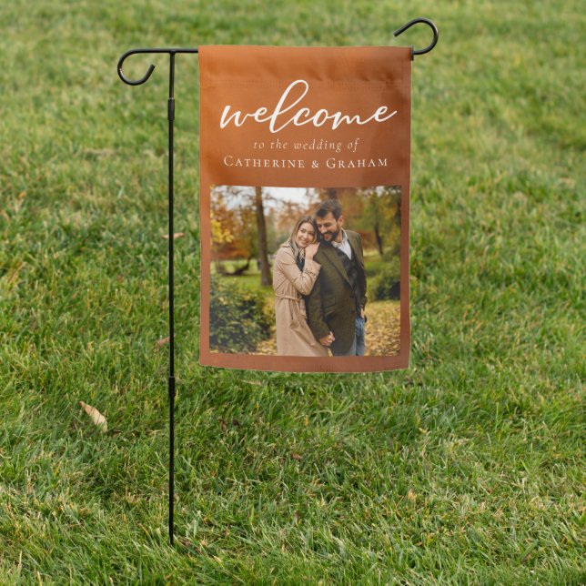 Rustic Burnt Orange Photo Autumn Wedding Welcome Garden Flag (In SItu)