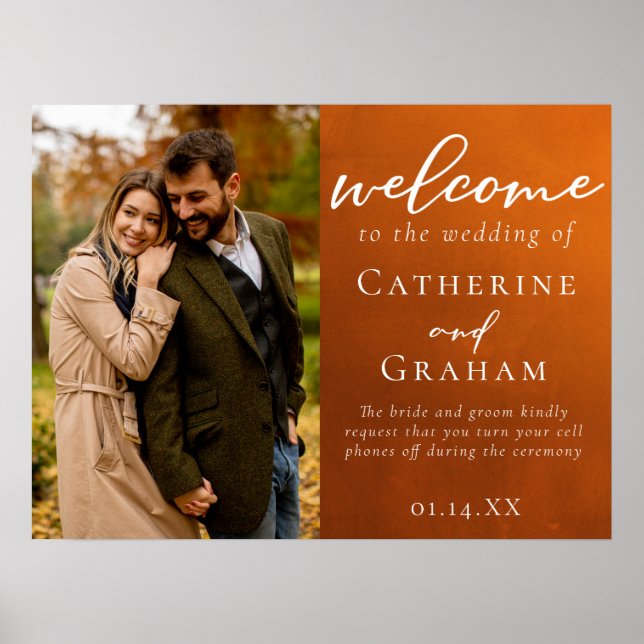 Rustic Burnt Orange Photo Wedding Welcome Poster (Front)