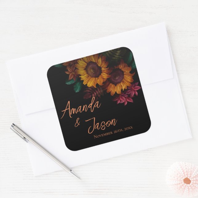 Rustic Burnt Orange Pretty Floral Wedding Square Sticker (Envelope)