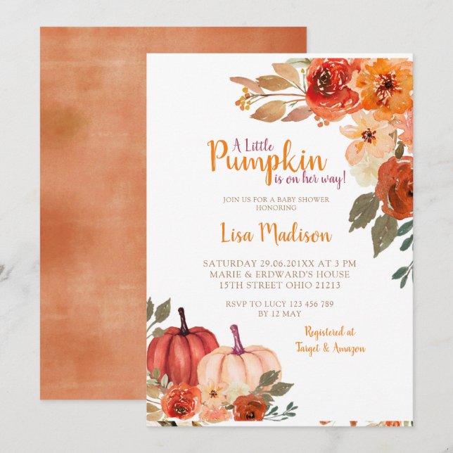 Rustic Burnt Orange Pumpkin Baby Shower Invitation (Front/Back)