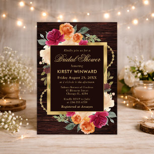 Rustic Burnt Orange Red Fall Flowers Bridal Shower Invitation