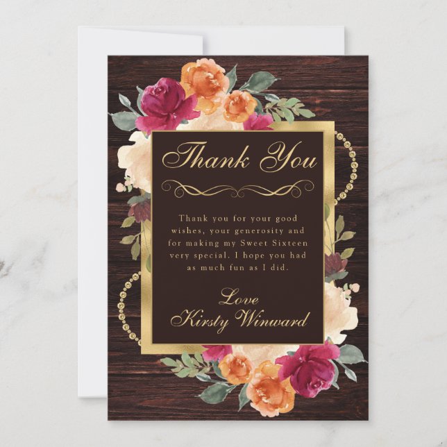Rustic Burnt Orange Red Fall Flowers Sweet 16 Thank You Card (Front)