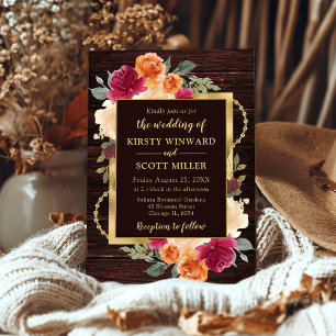 Rustic Burnt Orange Red Fall Flowers Wedding Invitation
