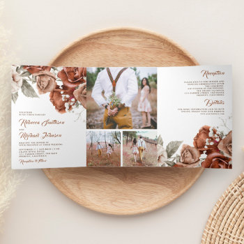 Rustic Burnt Orange Roses Photo Collage Wedding Tri-fold Invitation by ShabzDesigns at Zazzle