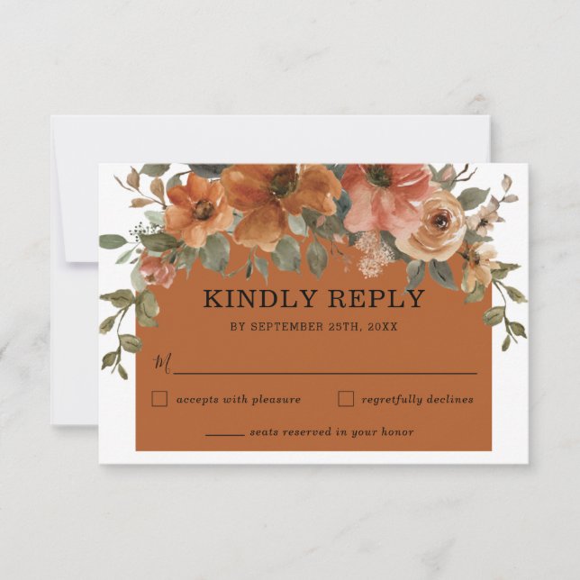 Rustic Burnt Orange Rust Brown Floral Arch Wedding RSVP Card (Front)