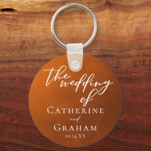 Rustic Burnt Orange Typography Autumn Wedding Keychain
