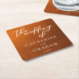 Rustic Burnt Orange Typography Autumn Wedding Square Paper Coaster