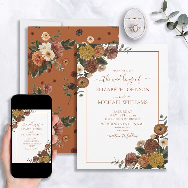 Rustic Burnt Orange Watercolor Floral Wedding Invitation (Creator Uploaded)