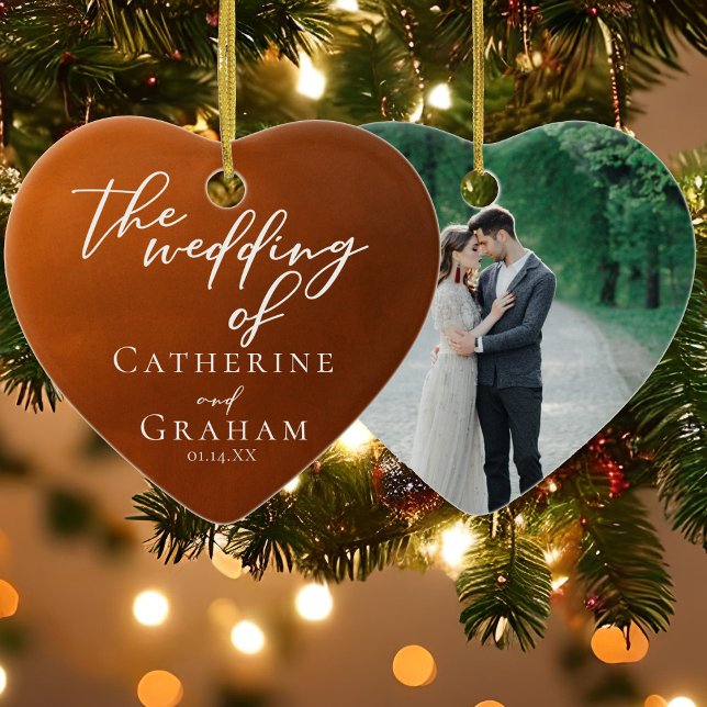 Rustic Burnt Orange Wedding Custom Heart Christmas Ceramic Ornament (Creator Uploaded)