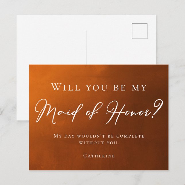 Rustic Burnt Orange Will You Be My Maid of Honor Postcard (Front/Back)
