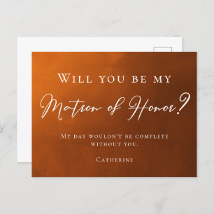 Rustic Burnt Orange Will You Be My Matron of Honor Postcard