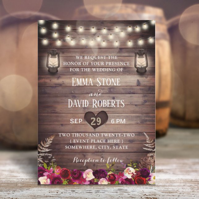 Rustic Burugndy Flowers & Lanterns Fall Wedding Invitation (Creator Uploaded)